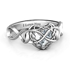 Sterling Silver My Infinite Love Caged Hearts Ring with 2 Cubic