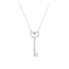 Sterling Silver Initial Heart Key Necklace with Gemstone - B and
