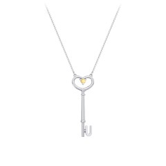 Sterling Silver Initial Heart Key Necklace with Gemstone - U and